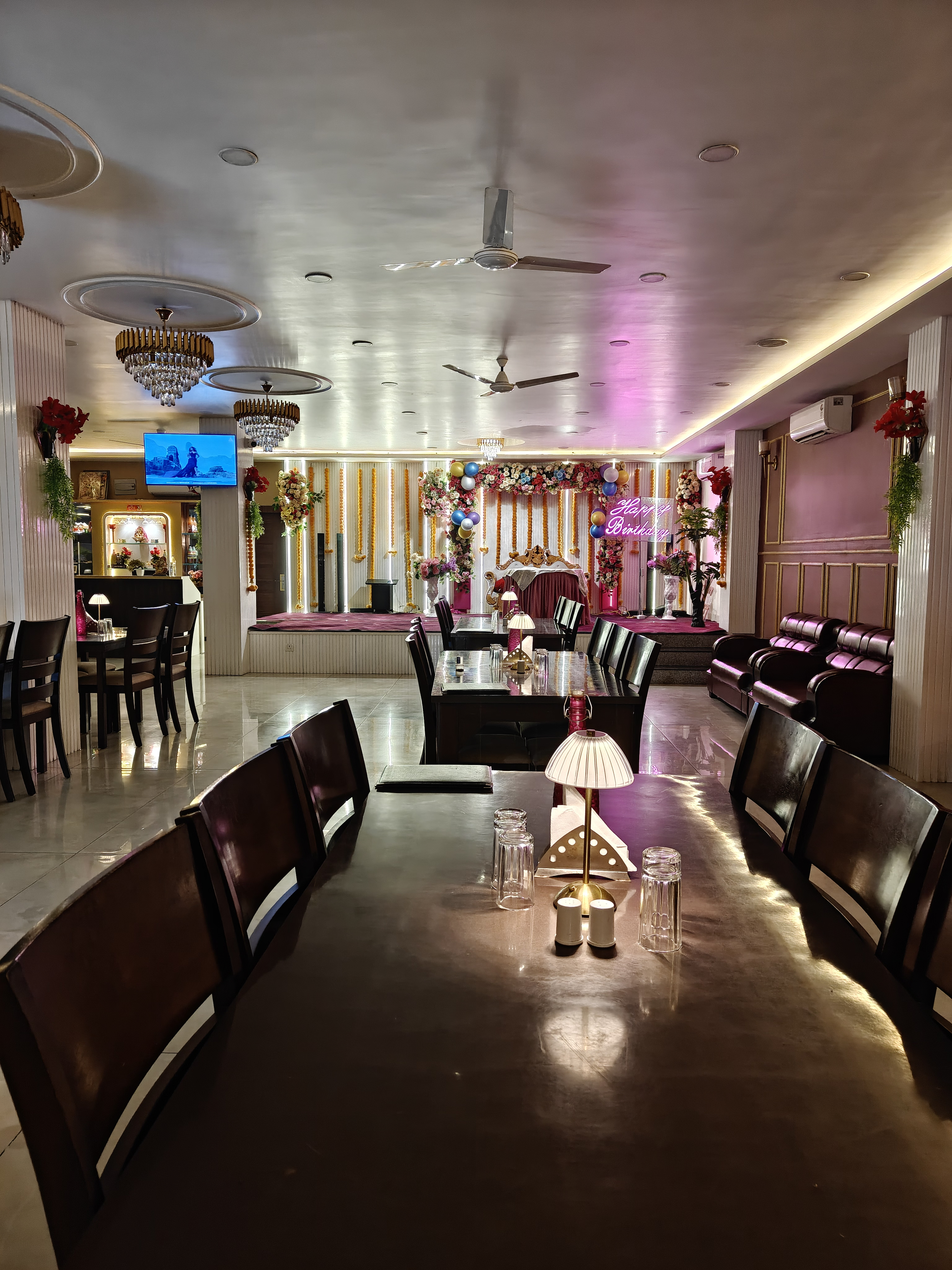 Chandelier-Lit Dining Hall & Stage